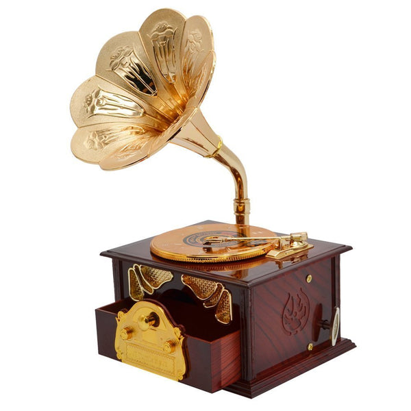 Classical Trumpet Horn Turntable Gramophone Art Disc Music Box & Make up Case - Worldwide Prime