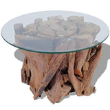 Modern Rustic Tempered Glass Top Coffee Table with Solid Teak Driftwood Base - Includes Modhaus Living Pen - Worldwide Prime